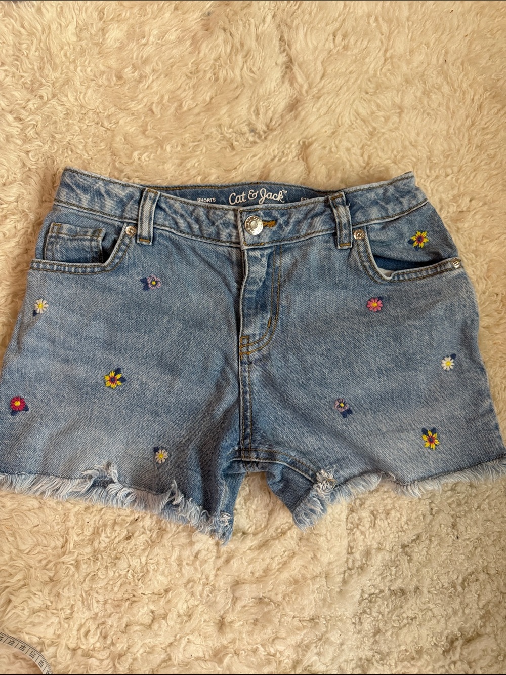 Cat & Jack Girls Light Blue Denim Shorts with Multicolor Floral Embroidery 10-12